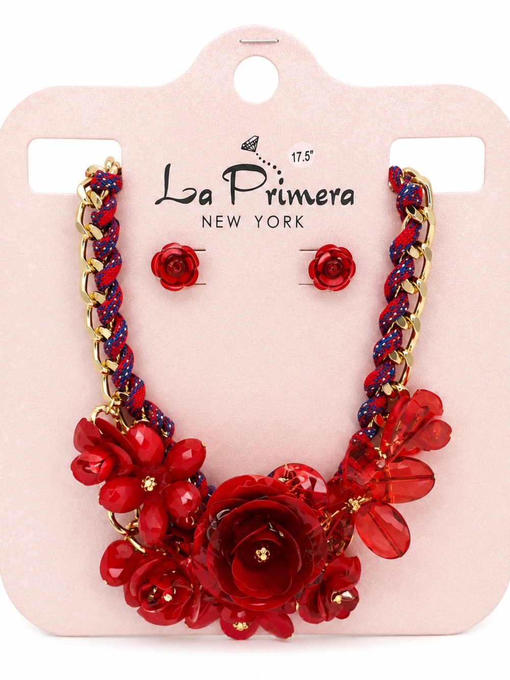 La Primera Red Floral Statement Necklace & Rose Stud Earrings Set Gold Tone NWT